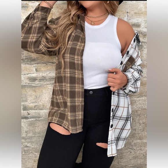 Classic Elegant Plus Size Plaid Button Down Shirt Top Blouse - Picture 3 of 16